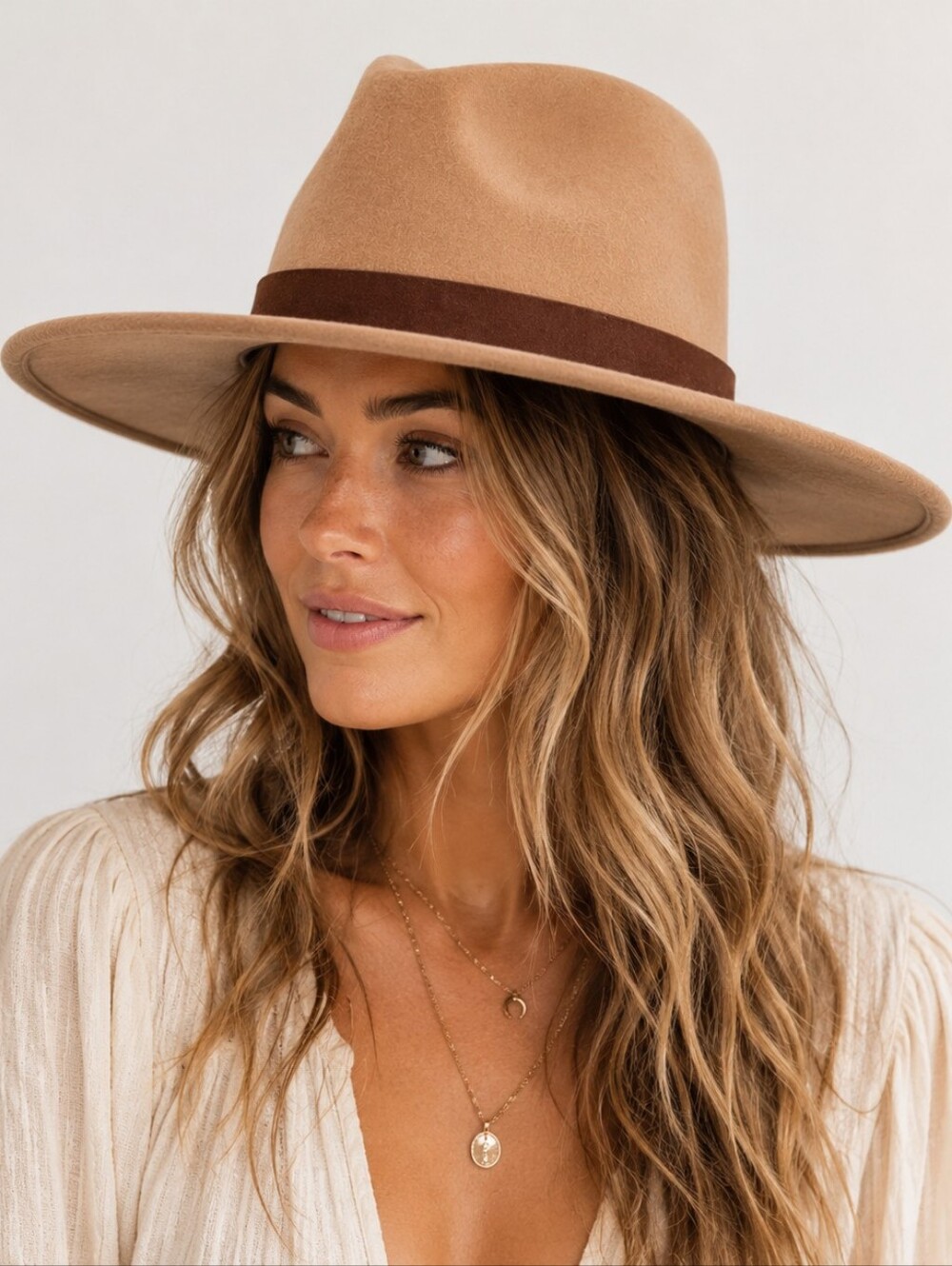 Free People 100% Wool Wide Brim Fedora Hat Beige Boho Rancher